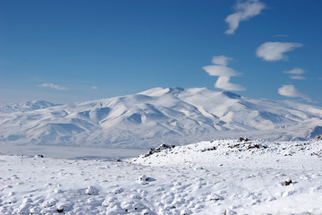 Winter mountain covered with snow near Mount Ararat, Turkey