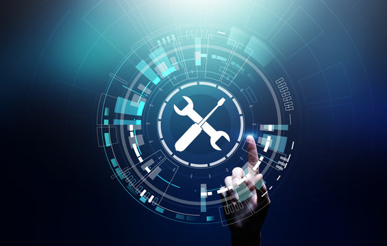 Support button on virtual screen. Customer service and communication concept.