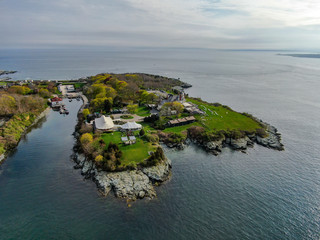 Aerial view of Castle Hill Inn beachfront luxury hotel with ocean, Newport, Rhode Island, USA. May...