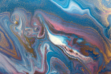 Marbled blue, pink and white abstract wave background with golden layers.