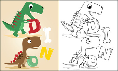Cartoon of dinosaurs carrying letters, coloring book or page