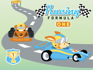 Fototapeta premium funny car racing cartoon with cute animal