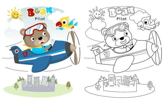 vector illustration of little pilot on airplane, coloring book or page