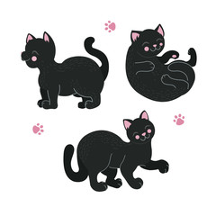 Set of images of cute black cat in various poses. Kittens play isolated on white background, vector eps 10 illustration