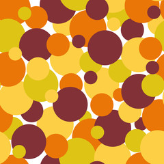 Seamless pattern of yellow, brown, olive and purple circles of different sizes on a white background. - 373299185