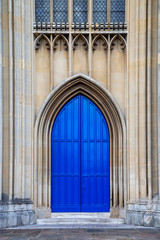 Fototapeta na wymiar blue closed church doors with no people