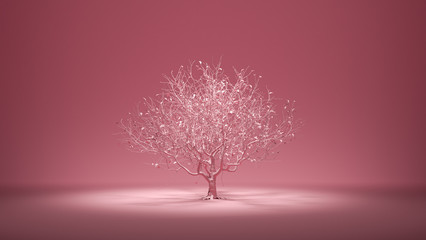 Single deciduous old tree in monochrome pink color environment, 3d rendering