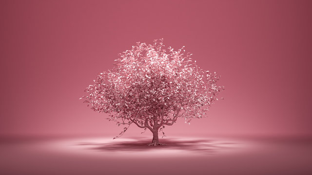 Big single tree with leaf in monochrome single color background, 3d rendering