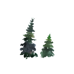 tree in mountains. Hand drawn watercolor illustrations.