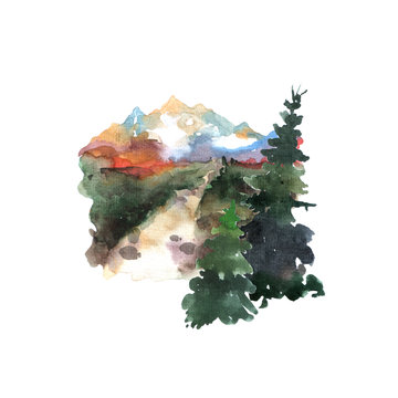 Hiking in mountains. Hand drawn watercolor illustrations.