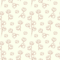 Seamless pattern with cotton elements of different sizes. Plant elements in the vector, isolated from the background.