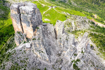 Aerial view of the Cinque Torri rock formation in northern Italian alps