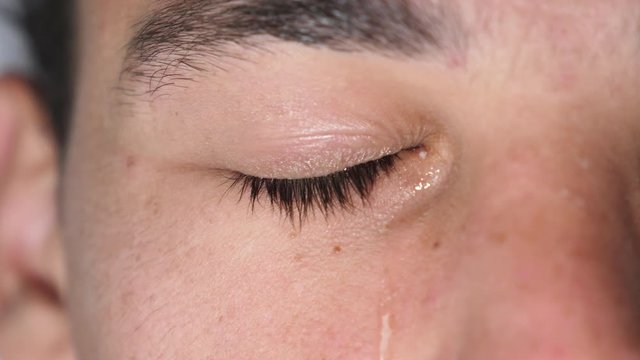 Extreme Close Up of an Emotional Crying Adult Males Eyeball Blinking Looking to Camera and then Looking off to Camera Left.