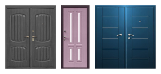 Set of models of entrance metal doors isolated on white background