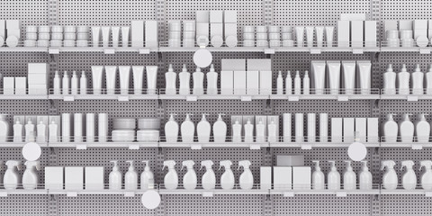 White supermarket shelves and showcases with cosmetics products, bottles, tubes, boxes, personal care products.