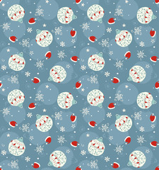 Christmas hats, balls, stars hand drawn seamless patterns. Blue red pastel colors. Vector illustration for cards, fabric, wrapping paper. Uneven lines