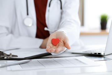 Unknown woman-doctor holding little heart in her hands. Children's cardiology and medical care,...
