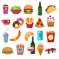 Fast food flat icons set