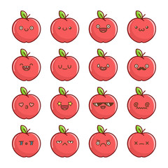 Set of fun kawaii red apple fruit icon cartoons