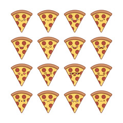 set of fun kawaii pepperoni sliced pizza icon cartoons
