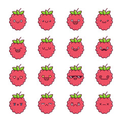 set of fun kawaii raspberry fruit icon cartoons