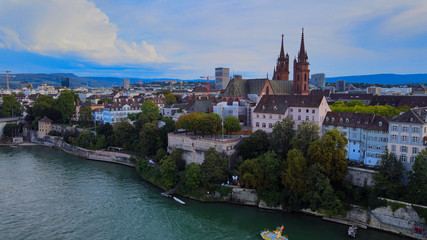 Fototapeta na wymiar Flight over the city of Basel and River Rhine in Switzerland - travel photography