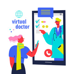 Online doctor consultation illustration. Professional physician online help for patient, remote doctor appointment. Telemedicine, e health design element.