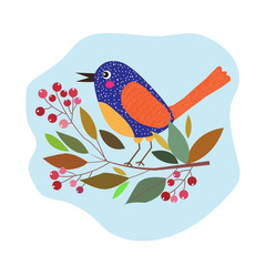Bright, beautiful bird and tree branch with leaves and berries, autumn, vector illustration