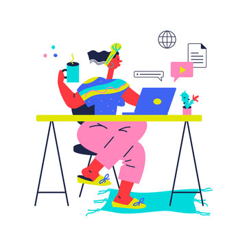 Working at home, coworking space, concept illustration. Young womаn freelancer working on laptop at home  or manager at remote work. Flat style illustration.