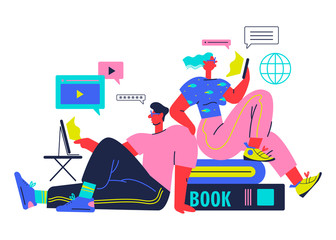 Flat design concept of online education, training and courses, learning, video tutorials. Illustration for website banner, marketing material, presentation template, online advertising.