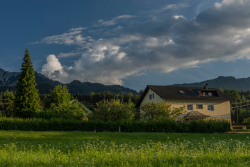 Color evening with cloudy blue sky in Ledenitzen village in south Austria