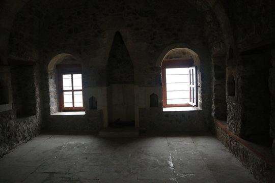 Light shone through the window in the dark room of a room in view from Sumela Monastery 
Trabzon, Turkey 