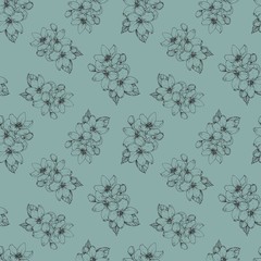 Seamless flower pattern with Apple blossoms on a green background in vector.