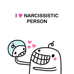 I love narcissistic person hand drawn vector illustration in cartoon comic style man looking mirror