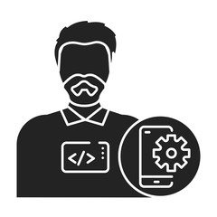 Mobile app developer black glyph icon. The software engineer is engaged in testing and programming applications. Icon for web page, mobile app, promo. UI UX GUI design element.