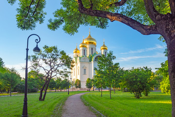 Saint Petersburg summer. Russia. City of Pushkin. Catherine's Cathedral in royal village. Cathedral of Catherine Great Martyr summer day. Excursions to city of Pushkin. Travels in St. Petersburg