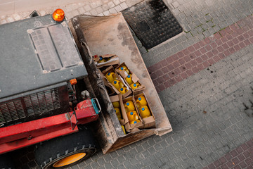 Mchinery with bleach to disinfect the streets of coronavirus in a town