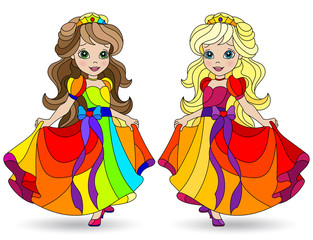 Fototapeta na wymiar Set of illustrations in stained glass style with Princess girls in bright dresses, isolated on a white background