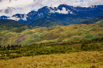Fototapeta na wymiar The Baliem Valley is a high mountain valley at the foot of the mountain Trikora Crest in western New Guinea, Indonesia. The main center is the city of Wamena.