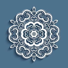 Lace doily, decorative snowflake, circle mandala ornament, cutout paper round pattern