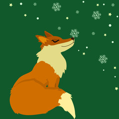 very cute Fox with snowflakes, winter illustration