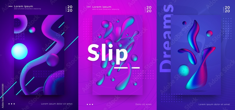 Poster Gradient poster. Cover design with abstract minimal shapes, bright vibrant colors and 3D geometric objects. Vector abstraction futuristic music banner set with vibrant layout