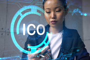 Businesswoman typing phone, work in modern office on new project. ICO blockchain hologram. Double exposure. Concept of success.