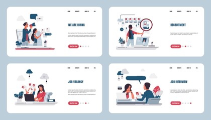 Recruitment landing page. Stuff searching and hiring concept with cartoon characters, human resources and job interview. Vector web page set for talent search