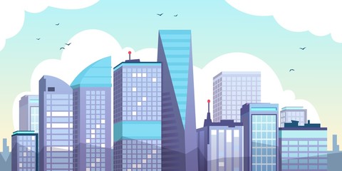 Cartoon morning city. Urban landscape with skyscrapers, clouds and birds, flat urban property illustration. Vector illustration panorama modern cityscape