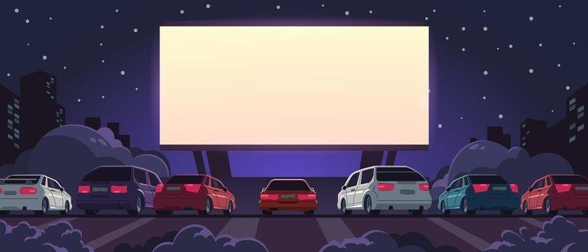 Drive-in cinema. Open space auto theater with cartoon glowing white screen and car parking, outdoor movie at night. Vector illustration automobile outdoor parking