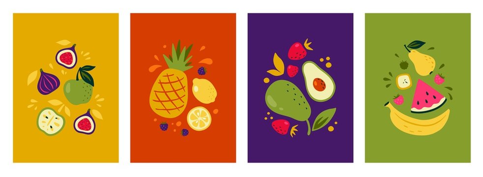 Fruit posters. Collection of bright summer brochures with berries citrus and other tropical organic fruits. Vector set illustrations of brochures and flyers or textile print image with vegan food
