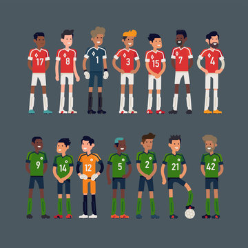 Cool Flat Character Design On Two Rival Soccer Teams Ready For A Game. Football Team Players Lineup, Isolated