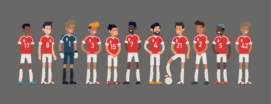 Soccer team lineup vector illustration in trendy flat style. Character design on 11 football players group including goalkeeper