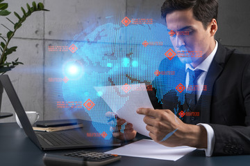 Businessman in office think and dream data technology world map drawing concept. Double exposure.